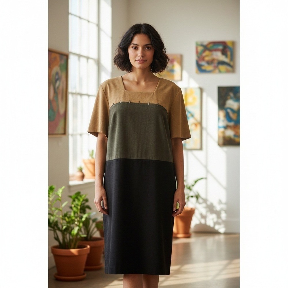 Sag Harbor Dress Womens Size 18W Brown Colorblock Faux Suede Stitch Stretch Boho